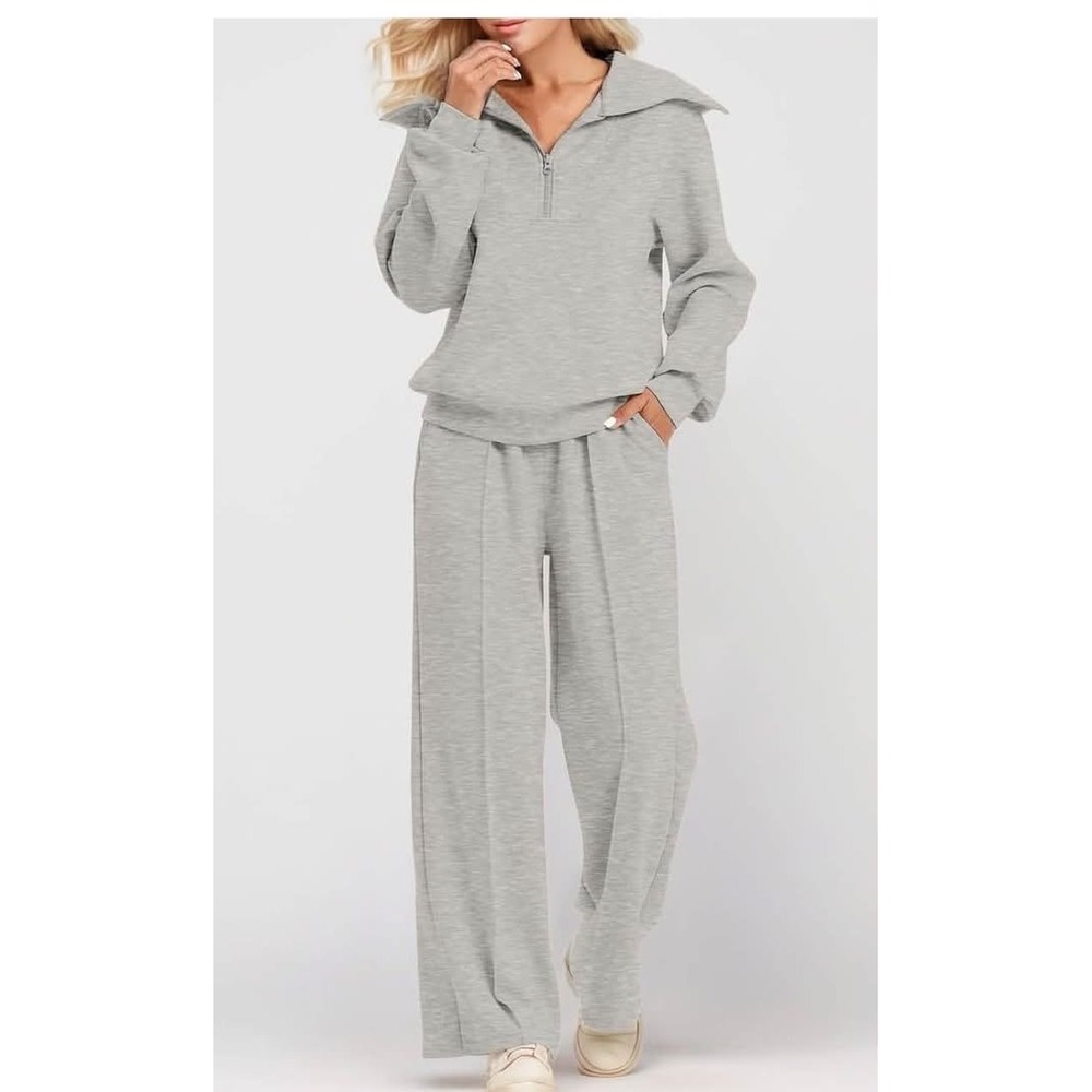 Womens Heather Gray Quarter Zip Lounge Set Wide Leg Pants 2XL